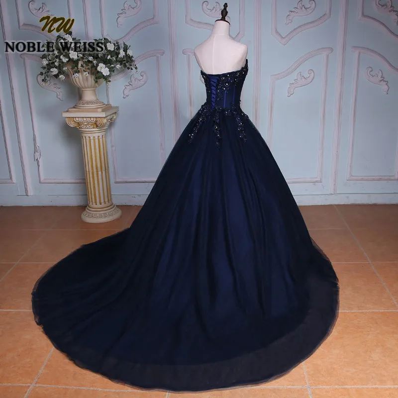 NOBLE WEISS темно-синие пышные платья Бальное Платье милое без бретелек Vestidos de 15 anos Аппликация Кружева Сладкий 16 платья