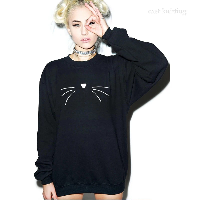 WS0156 Women Cute Cat Face Hoodies Round Neck Casual Print Sweatshirts | Женская одежда