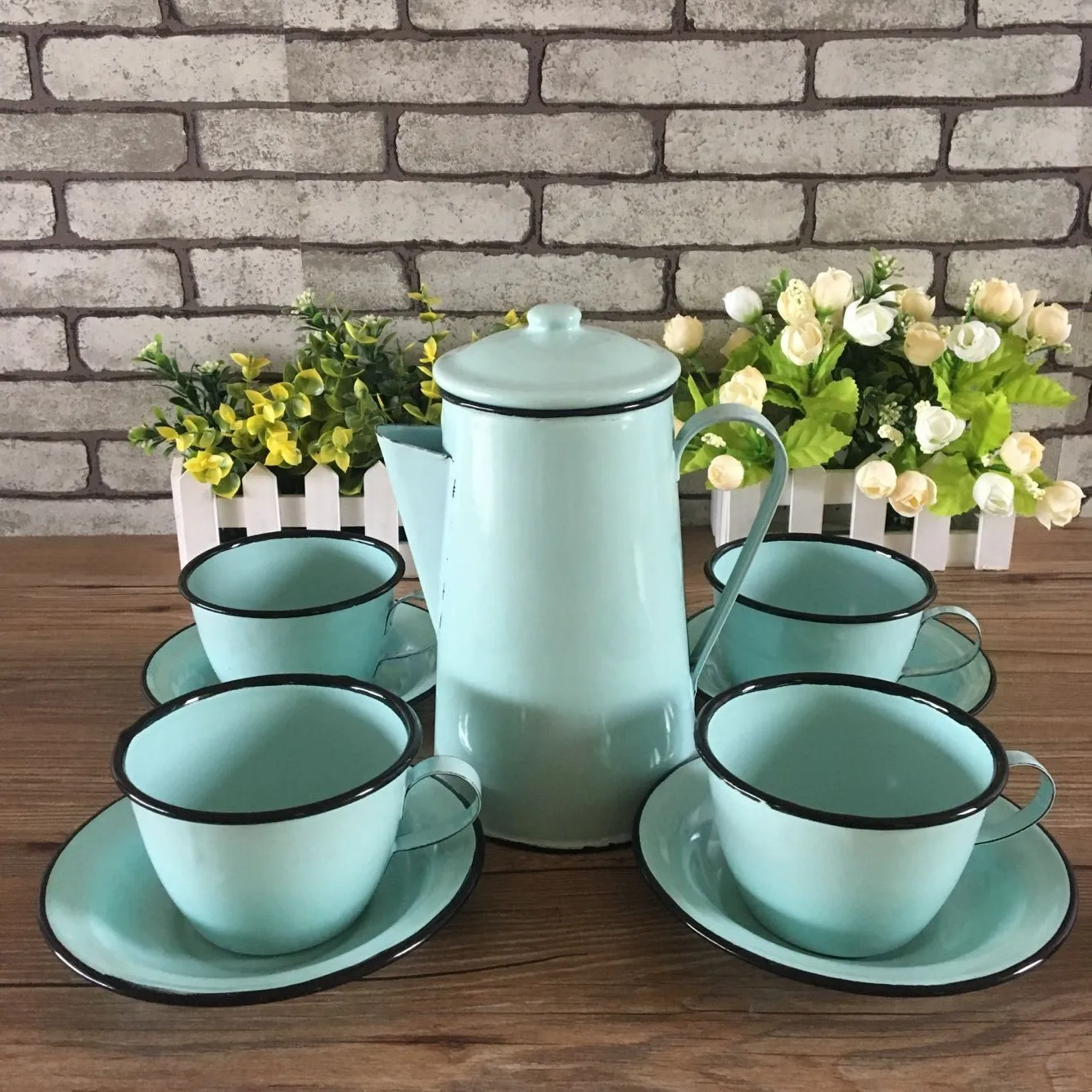 Бесплатная доставка винтажный набор кофейных чашек с синей эмалью|Кофейники| |
