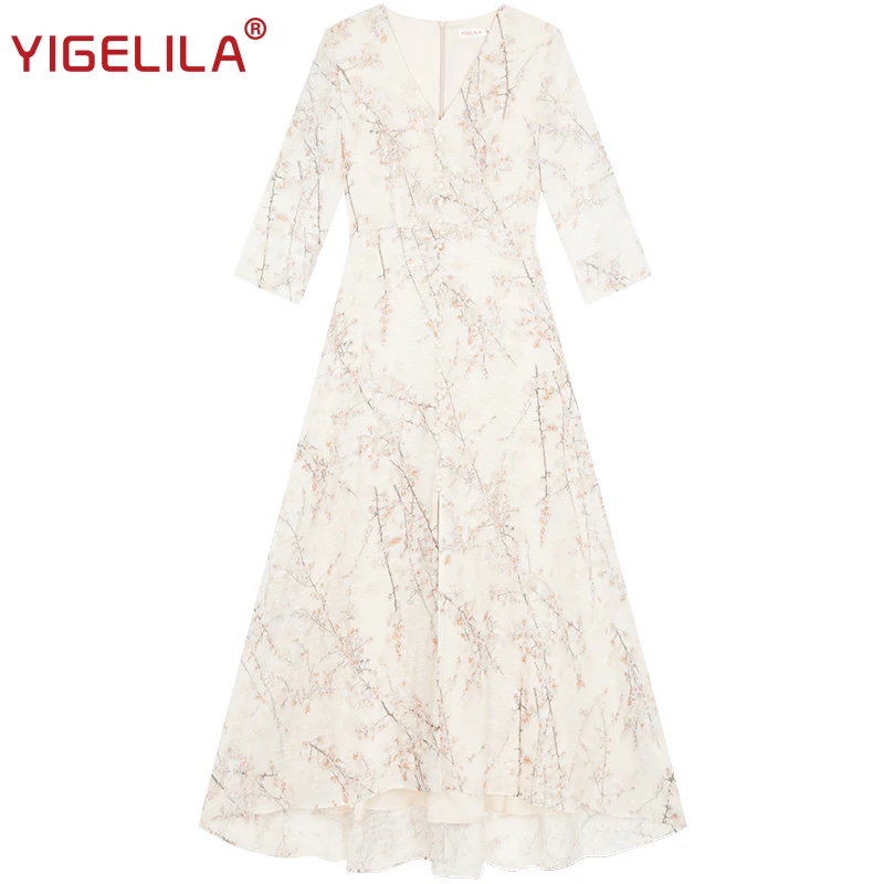 YIGELILA 2019 весеннее женское длинное платье с принтом модное v-образным вырезом и