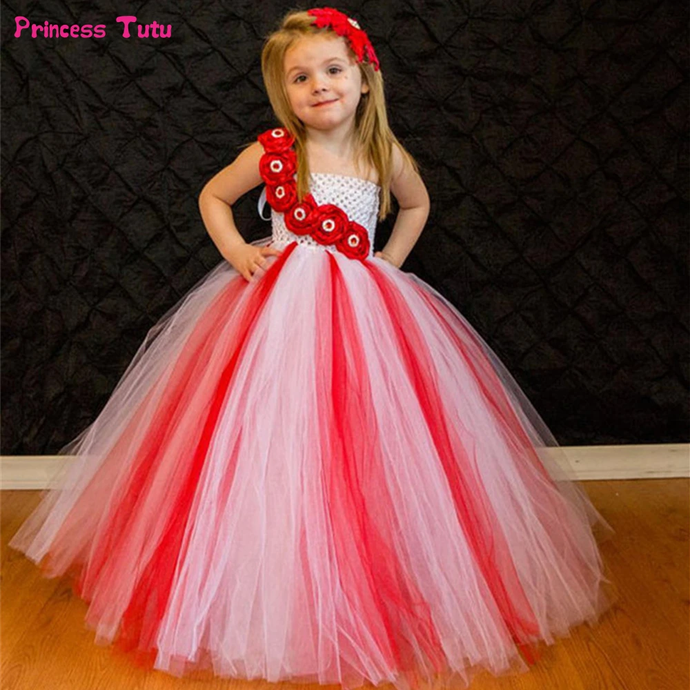 Белое с красными цветами платье-пачка для девочек рождественские костюмы