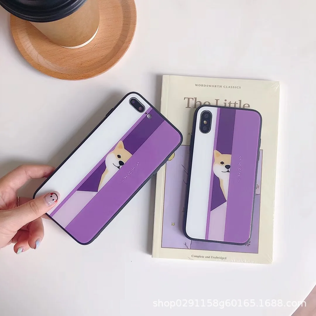 Toughened anti falling new glass mobile phone case purple dog explosion proof for iphone 7/8/6splus/X full bag |