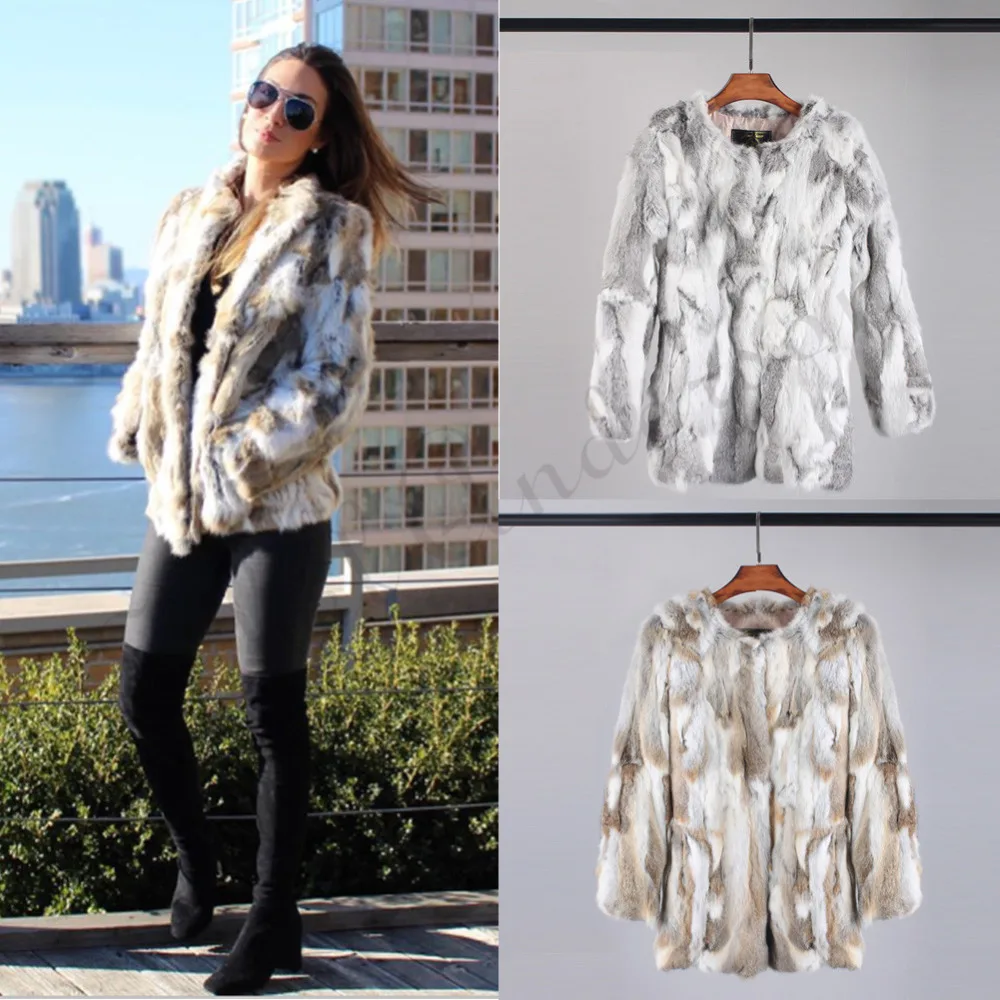 Ethel Anderson Real Farm Rabbit Fur Coat Striped Pattern Full Length Sleeve Coat Hip-Length Outwear