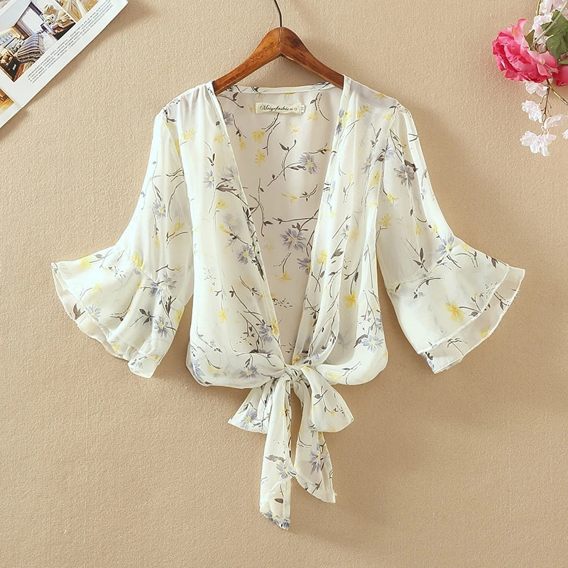 Шифоновое кимоно с принтом кардиган женский новый три четверти расклешенными