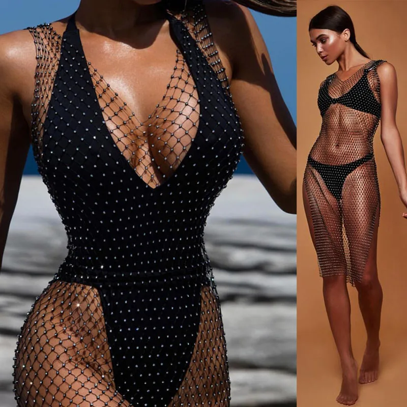 2018 Летняя Пляжная накидка бикини сексуальный прозрачный бриллиантовый сетчатый