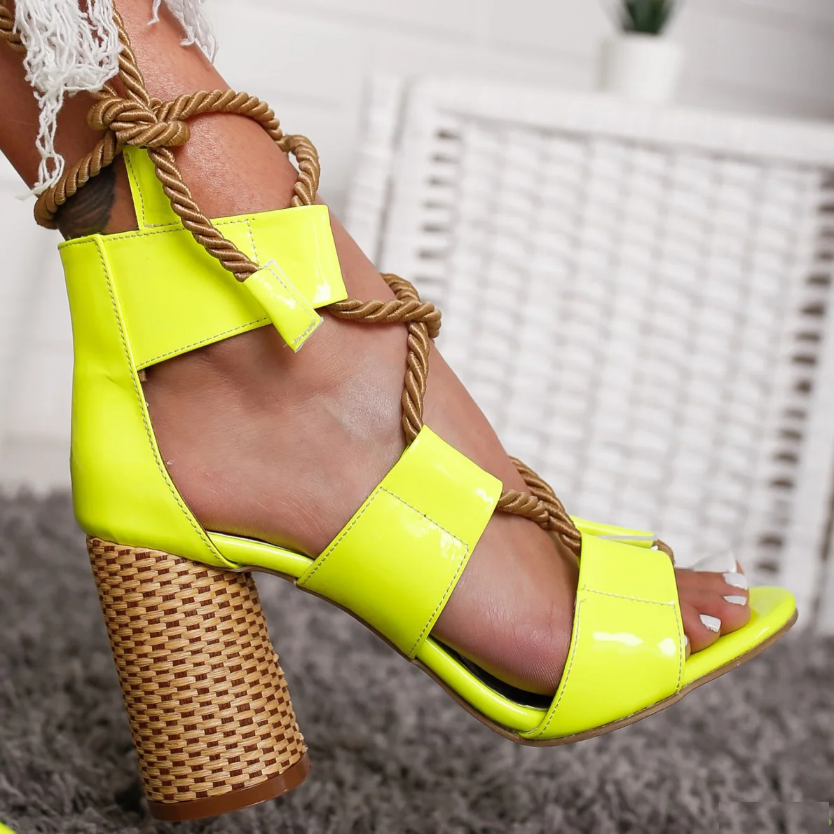 Laamei 2020 New Women Sandals Heel Pointed Fish Mouth Fashion Hemp Rope Lace Up Ankle Strap High Heels | Обувь