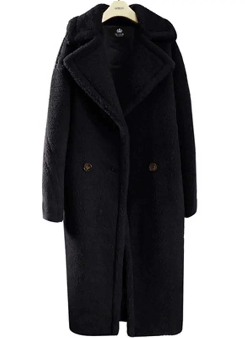 black new Fashion Faux Fur Long Coat Women Lamb Fur Coats Autumn Winter Women's Clothing Warm Parkas Outerwear N844 - Цвет: black
