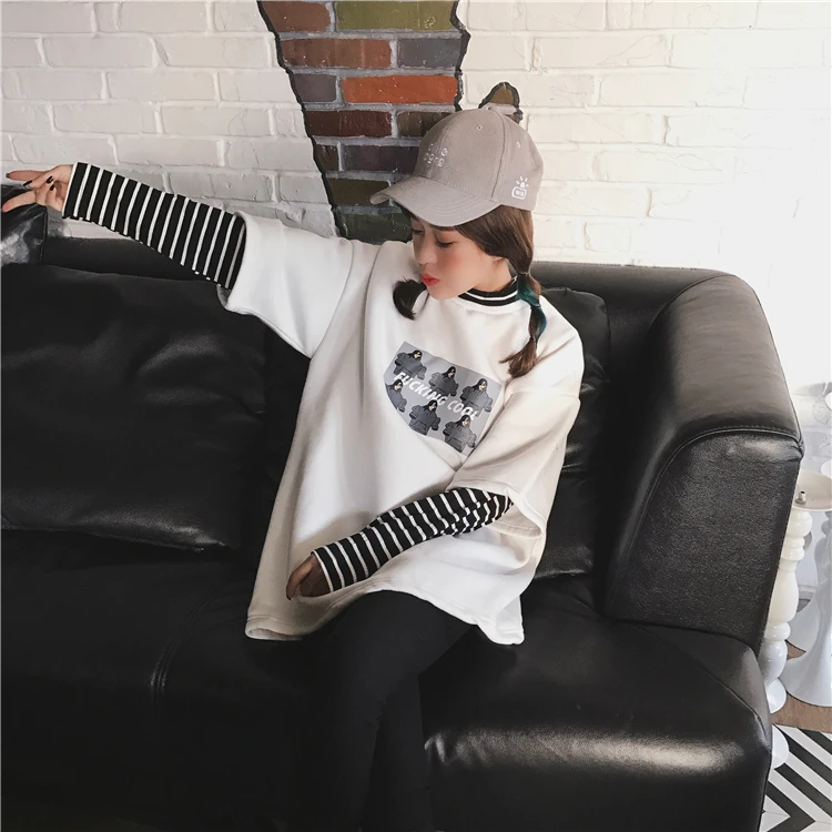 YouGeMan корейский стиль Ulzzang Harajuku полосатый лоскутный Поддельные 2 шт. толстовки для женщин с длинным рукавом Толстовка