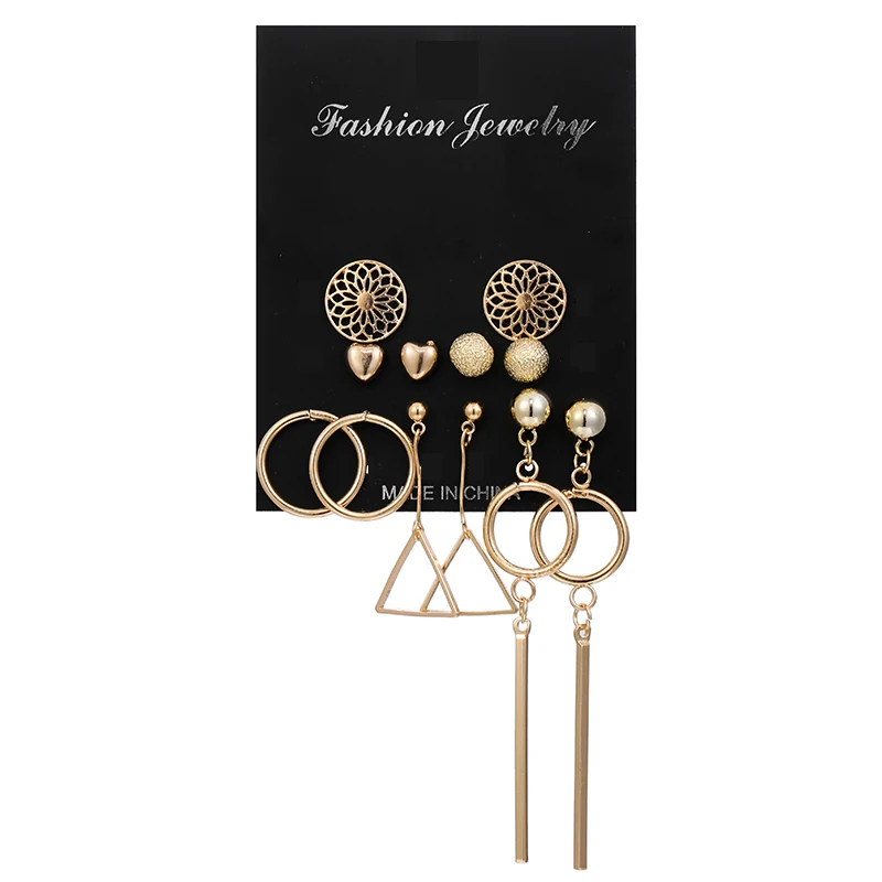 punk golden metal geometric round triangle hanging dangle earrings fashion hollow carved flower heart set for women | Украшения и
