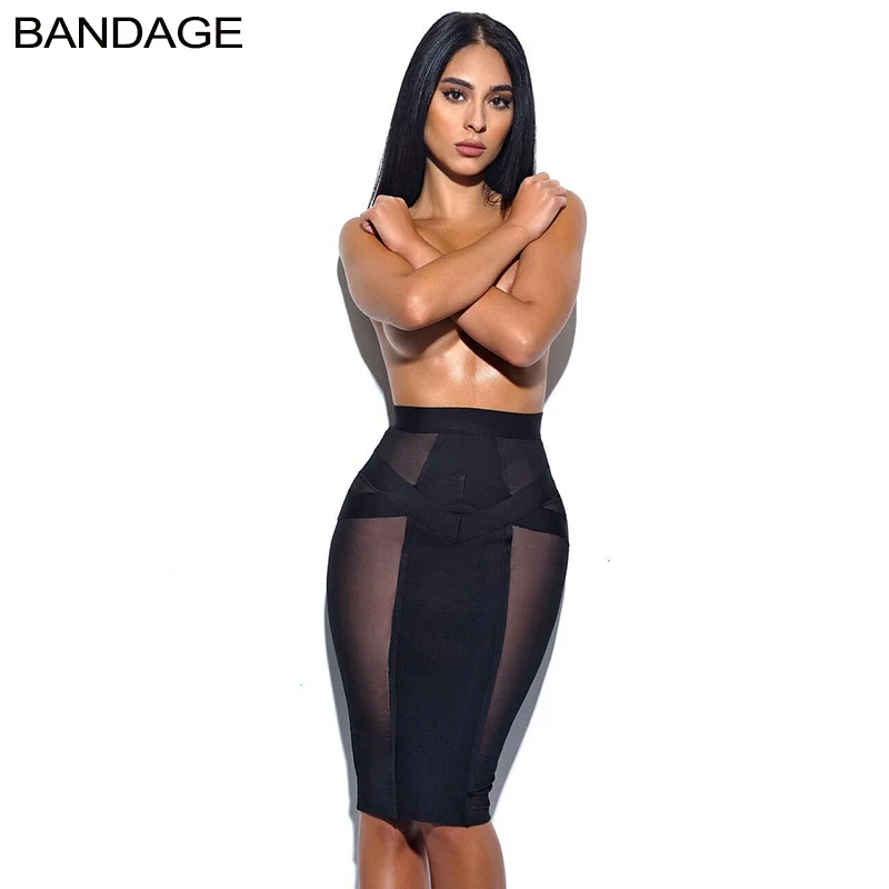 2018 Summer Sexy Mesh See Through Bandage Skirts Black Sheer Women Fashion Nova High Waist Empire Bodycon Short Pencil Skirt | Женская