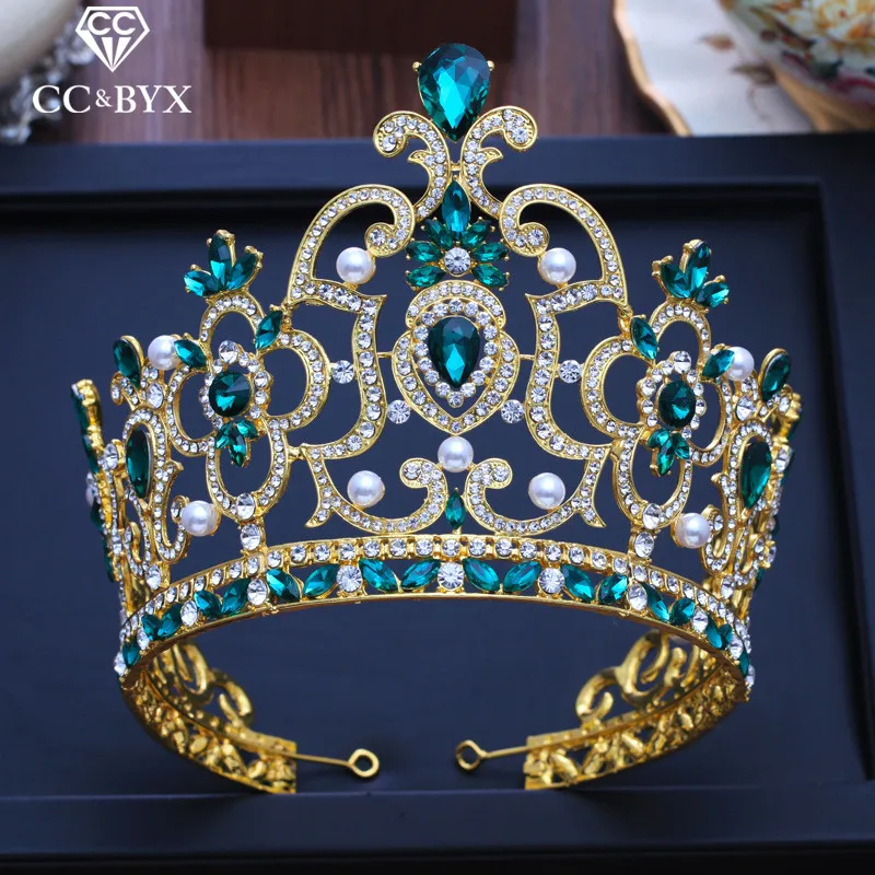 

CC big tiaras and crowns hairbands engagement wedding hair accessories for bridal queen jewelry green cz luxury pageant XY206