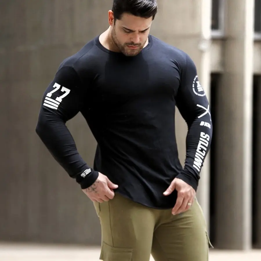 Mens Skinny Long sleeve Shirts Casual Fashion Printed T-Shirt Male Gyms Fitness Workout Black Tee shirt Tops Crossfit Clothing | Мужская