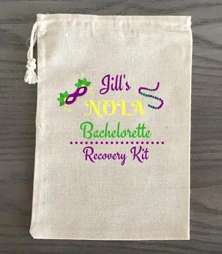 

New Orleans NOLA Muslin Bachelorette Hangover bridal shower recovery Survival Kit wedding favor gift bags party Candy pouches