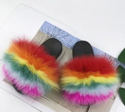rainbow COOLSA/детские меховые тапочки; домашние теплые пушистые тапочки из лисьего меха для девочек; Плюшевые сандалии из ПВХ на плоской подошве; детские тапочки на заказ - Цвет: rainbow