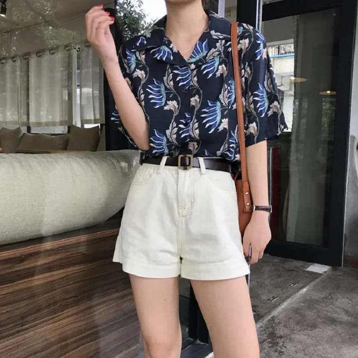 blue Женские Модные корейский с коротким рукавом рубашка Harajuku с принтом; женские пляжные Солнцезащитная блузка Повседневное хлопковые топы kz016 - Цвет: blue
