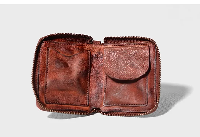 Red brown Известный бренд из натуральной кожи мужской кошелек ретро растительный дубления кожа короткие молнии цепные кошельки Держатель для карт монет - Цвет: Red brown