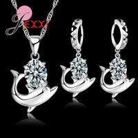 free shipping pretty cz cubic zirconia jewelry set 925 sterling silver romantic dolphin pendant necklace earrings set
