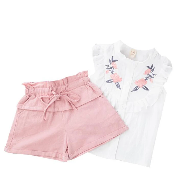 Girls Clothing Sets 2018 New Summer Sleeveless T-shirt+Shorts 2pcs Clothes Set Floral Blouse Costume Crianca Roupas | Детская одежда и