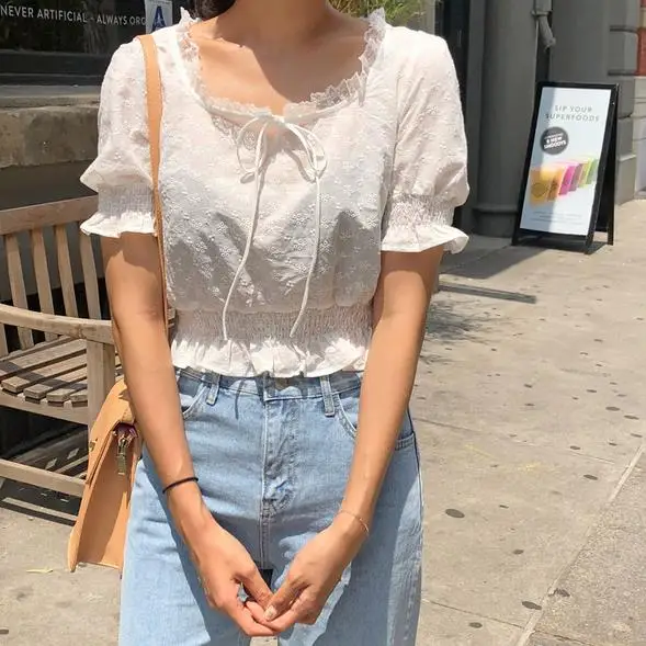 2019 Летние повседневные рубашки с цветочной вышивкой и бантом зашнуровать свежие