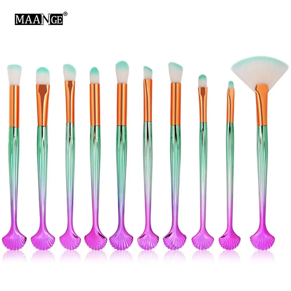10pcs-shell-N Pro 6-10 шт. набор кистей для макияжа в виде русалки, косметический инструмент для красоты, пудра, Тональная основа, тени для век, консилер для губ, наборы кистей для макияжа - Handle Color: 10pcs-shell-N