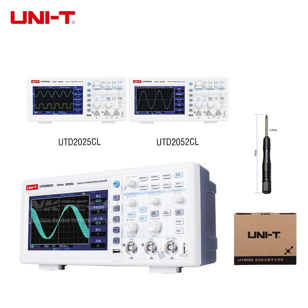 

Цифровой запоминающий осциллограф UTD2052CL, UTD2025CL, 2-канальный, 50/25 МГц, полоса пропускания, фосфорный, 7-дюймовый TFT UNI-T мс/с 500 мс/с, 25 кточек, USB OTG