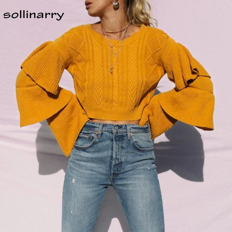Sollinarry Fashion 2018 Harajuku Long Sleeve Ruffle Crop Sweater Women Winter Tops Streetwear Knit Pullover Jumper | Женская одежда