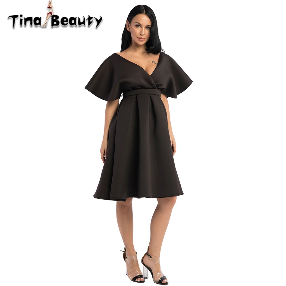 

Tina Beauty Black Party Dress 2019 Summer Night Club Wear Midi Dress Batwing Sleeve V Neck Backless Pleated Dresses Vestidos