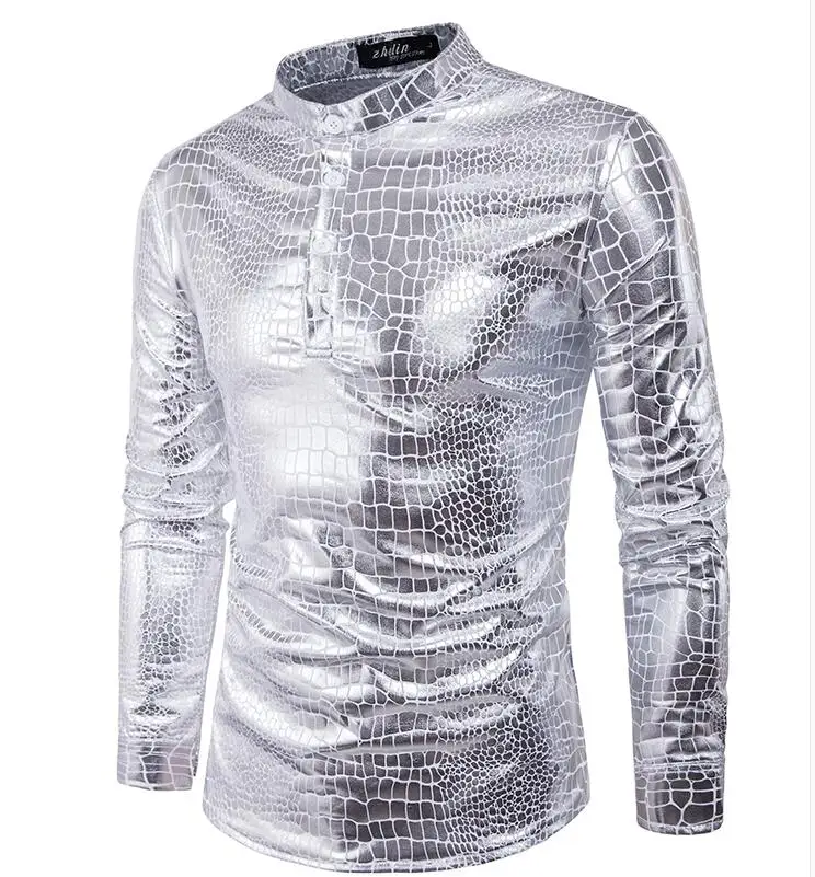 Модная мужская рубашка с длинным рукавом в стиле панк серебристая блестящая
