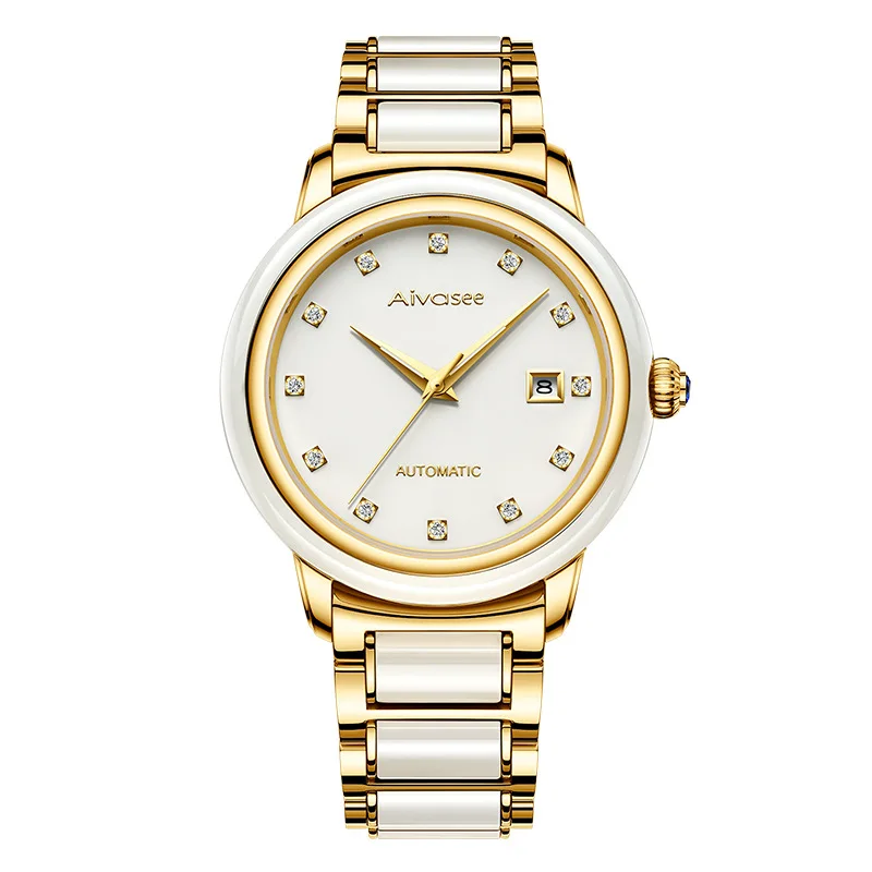 Men White Steel Hetian Jade Мужские автоматические деловые Часы механические из нержавеющей стали водонепроницаемые мужские часы полые календари кожаные часы пара - Цвет: Men White Steel