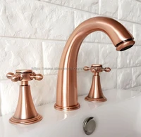 antique red copper 3 hole double cross handle deck mounted bathroom sink faucet hot cold tap brg038
