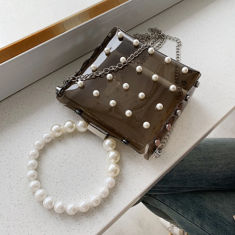 Ослепляющая модная прозрачная сумка из ПВХ с жемчужной ручкой Женская