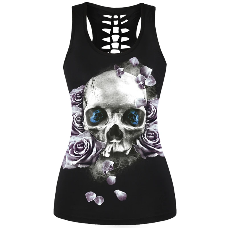 2017 3D с принтом черепа черные короткие Топы корректирующие рукавов выдалбливают О