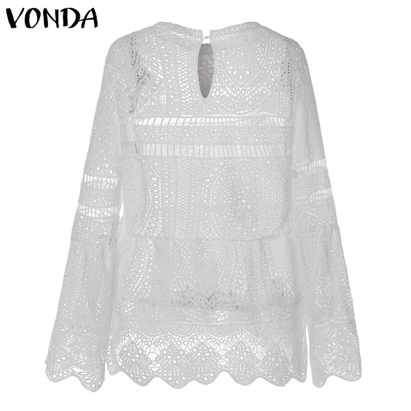 VONDA, женская сексуальная блуза с дырочками, топ размера плюс,, повседневная, с длинным рукавом, с неровным подолом, для вечеринки, Blusas, пляжные топы, женская рубашка
