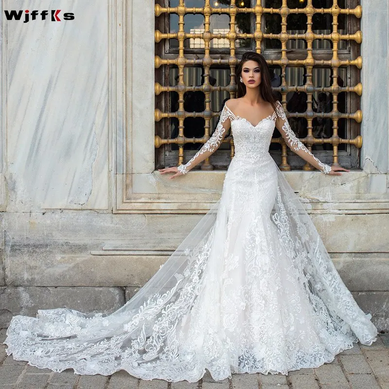 WJFFKS 2019 аппликации Vestido de Noiva с длинным рукавом Русалка Свадебные платья кружевная