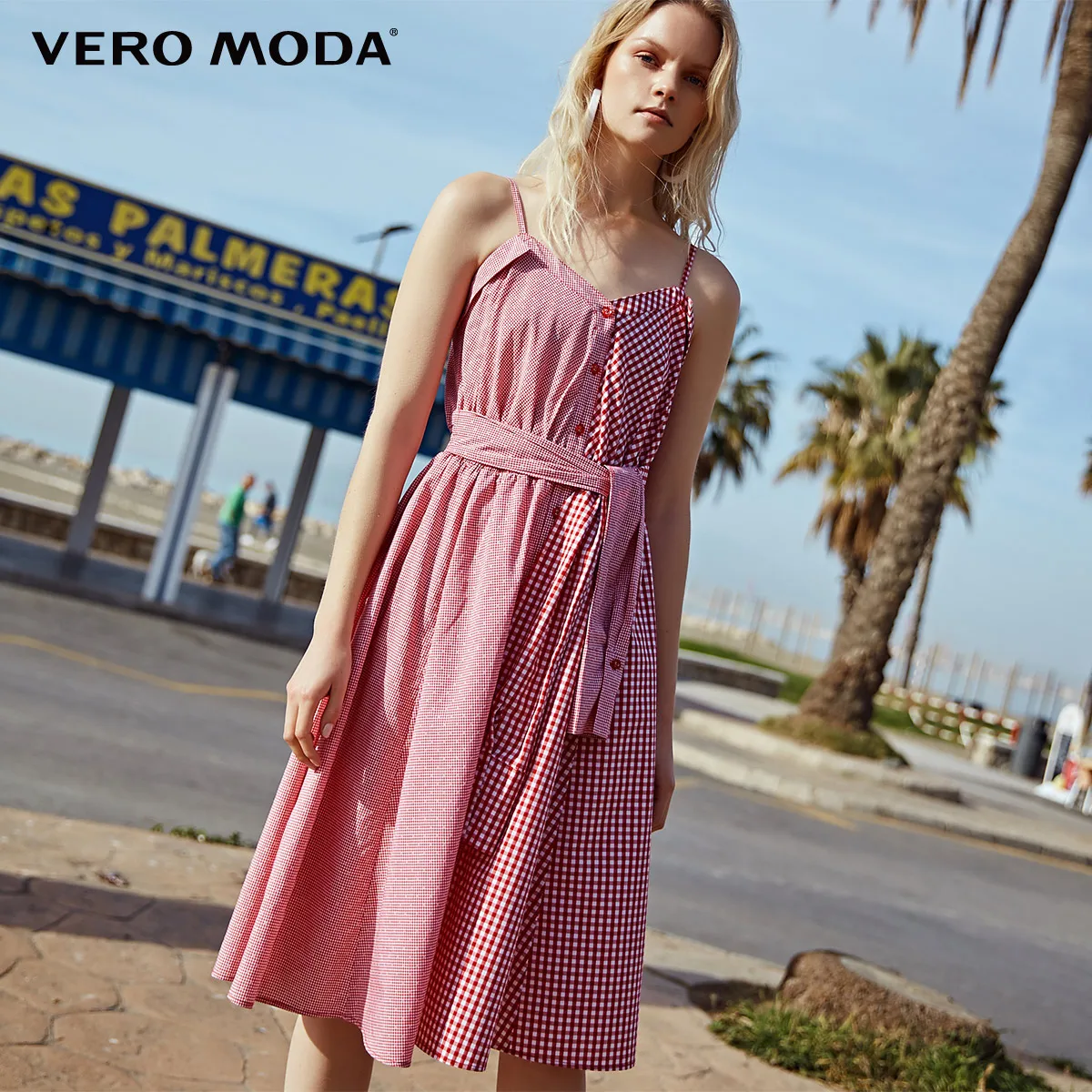 Vero Moda New Women's Cotton Lace-up Plaid Strap Dress | 31927A580