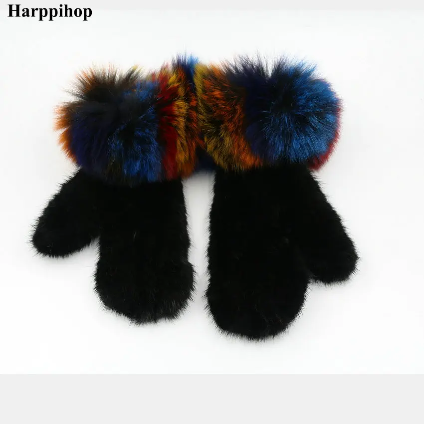 Harpppihop перчатки из натурального меха норки для женщин зимние перчатки из натуральной норки вязаные митенки с лисьим мехом наручные новые брендовые перчатки эластичные
