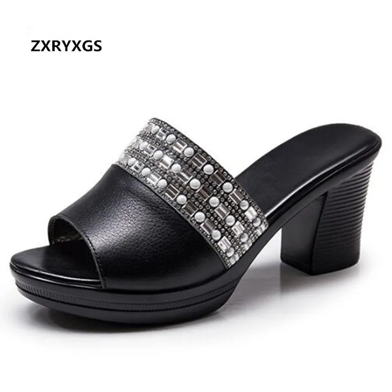 

High Quality Cowhide Rhinestone Shoes Woman Sandals Slippers New Summer Women Sandals High Heel Slippers Sandals Wild Slim