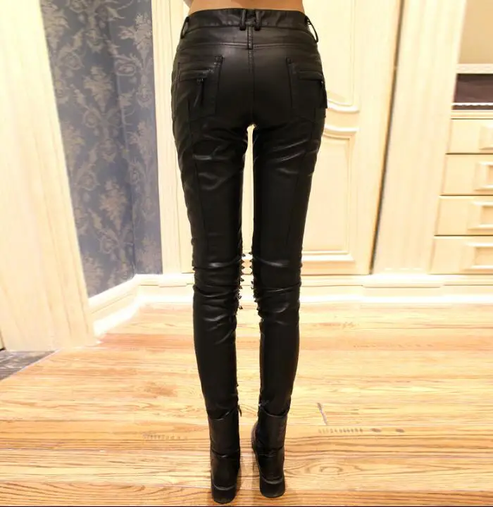 

Fashion luxury women's rock punk style heavy metal rivets slim skinny pants leather wash high-end PU leather pants boots pants