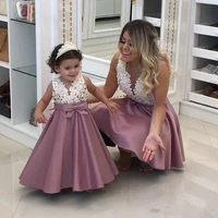 pearls lace applique flower girl dress fashion a line satin mother and daughter dress mini baby gowns v neck sleeveless first