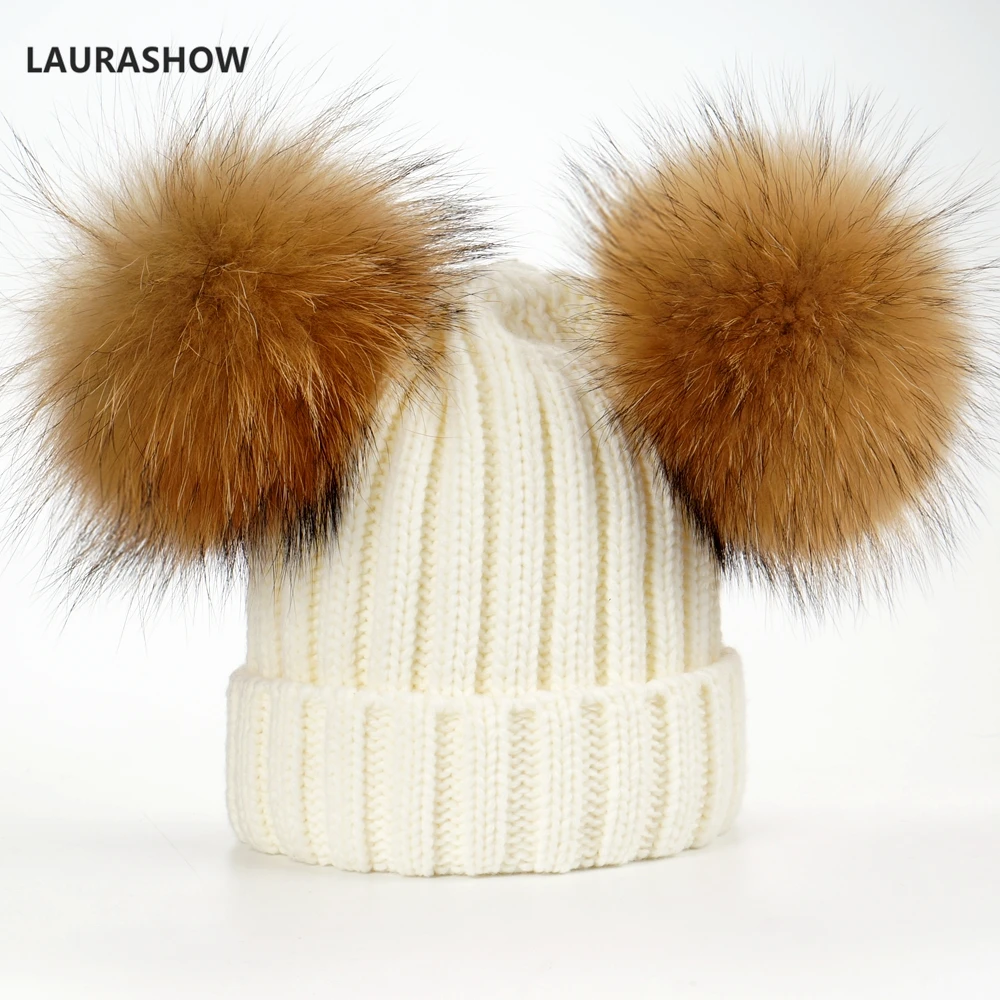 LAURASHOW, зимняя шапка 16 см, двойной мяч из натурального меха енота, помпоны, шапка для взрослых, вязаная шапка, шапка Skullies, женские шапочки