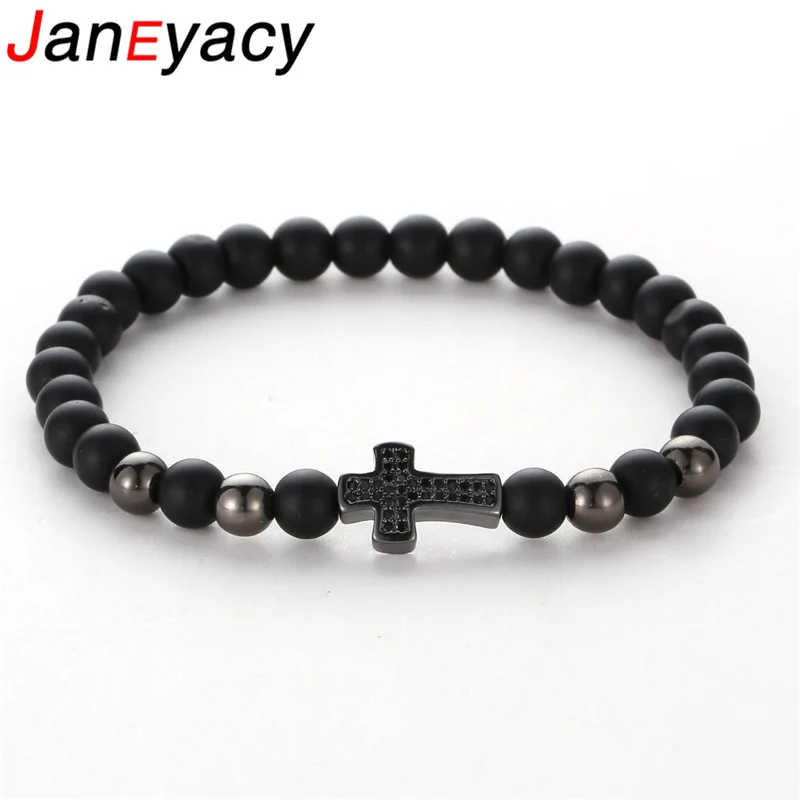 Janeyacy Brand Bracelet Fashion 6mm Natural Stone Beads Women Black Frosted Zircon CZ Men Pulseras TZ667 | Украшения и аксессуары