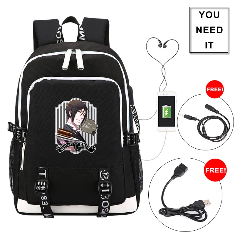 Kuroshitsuji Черный рюкзак с принтом дворецкий USB зарядка Рюкзак для ноутбука