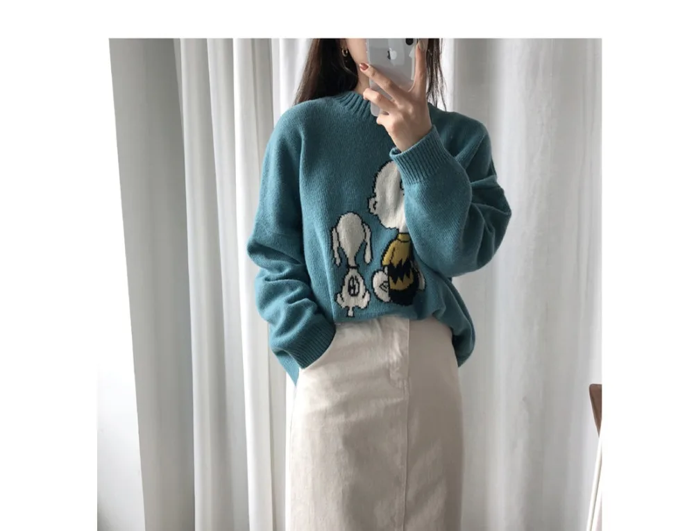 Корейская мода Kawaii мультфильм шаблон свитер женский Осень Зима o-образным вырезом свободный вязаный пуловер свитер размера плюс Трикотаж Топы