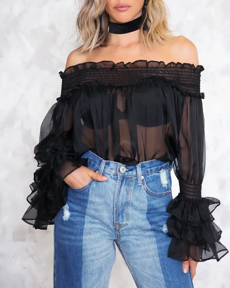 Новинка женские сексуальные шифоновые футболки с вырезом лодочкой длинными