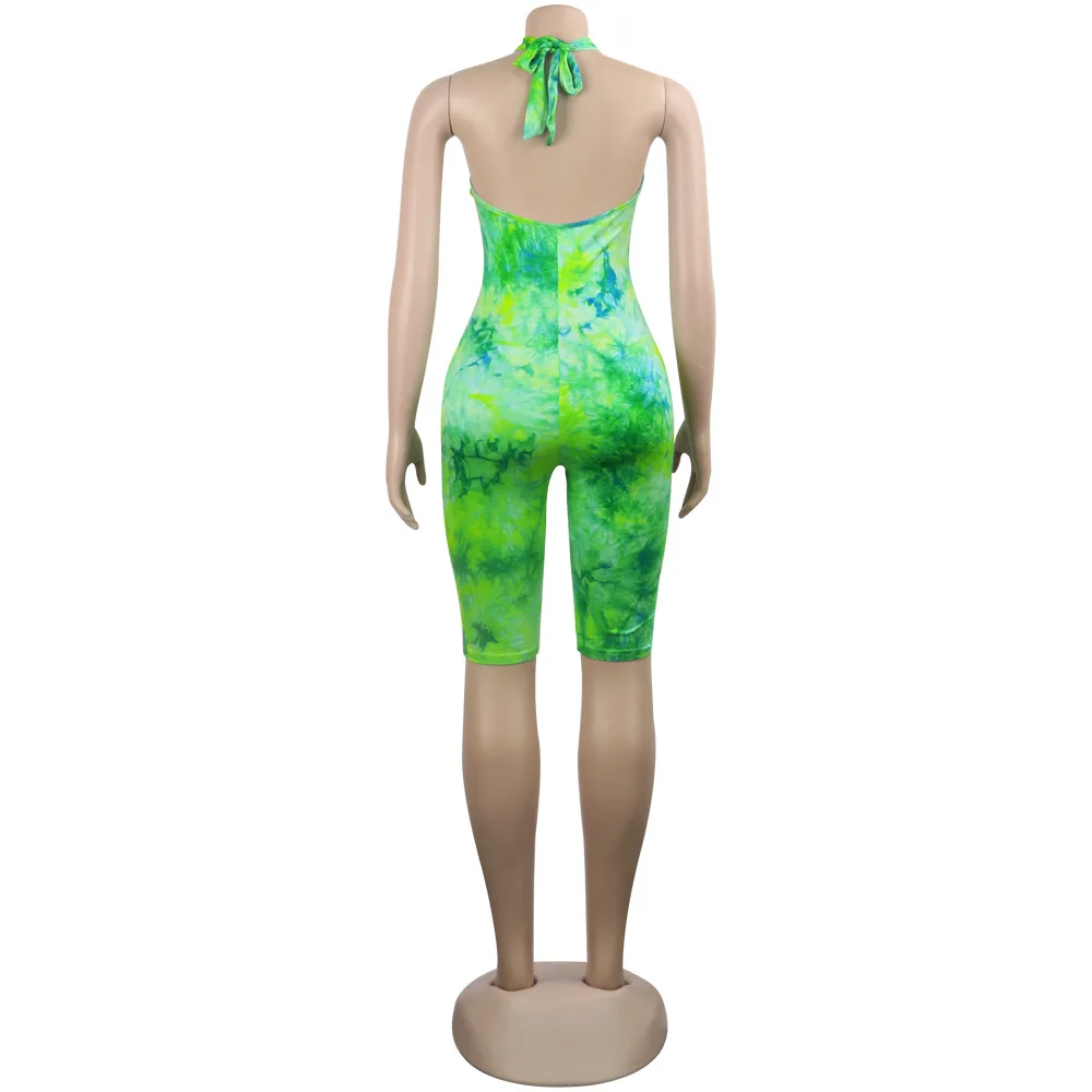 Tie Dye повседневный комбинезон женский комбинезон Холтер открытая спина цельный обтягивающий Летний комбинезон без рукавов с открытыми плечами Вечерние боди