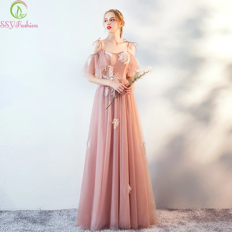 Женское вечернее платье до пола SSYFashion розовое с кружевной аппликацией и