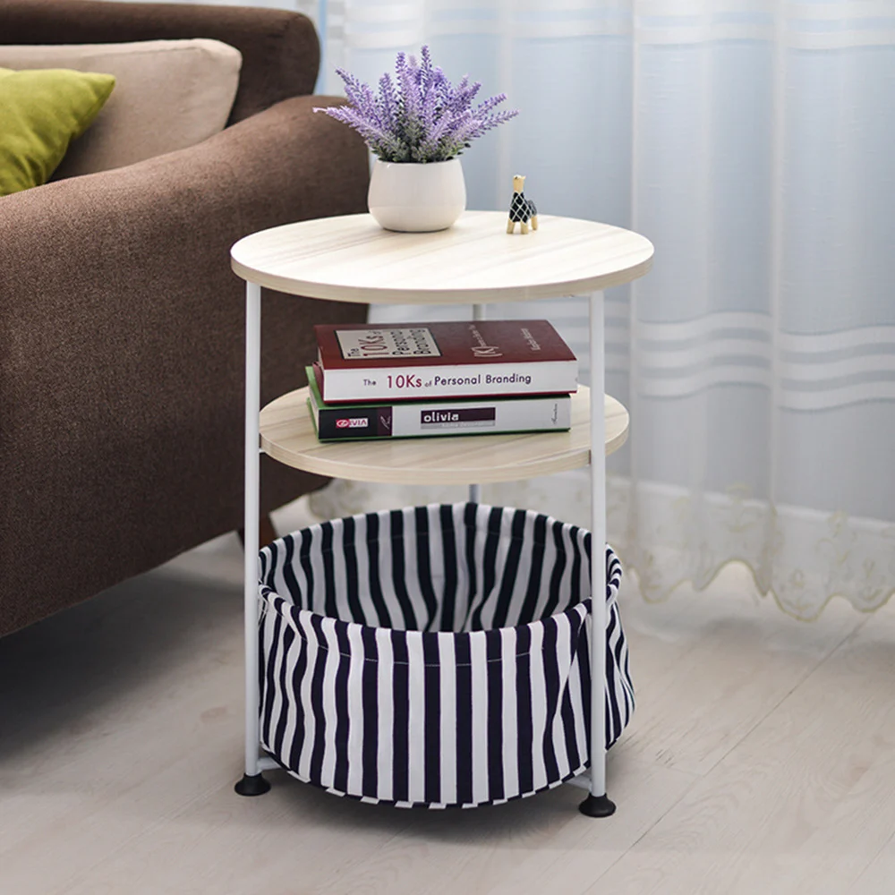 Household Movable Round Sofa Side Table with Removeable Storage Bag Coffee Table Tea Table Living Room Bedroom Office Furniture