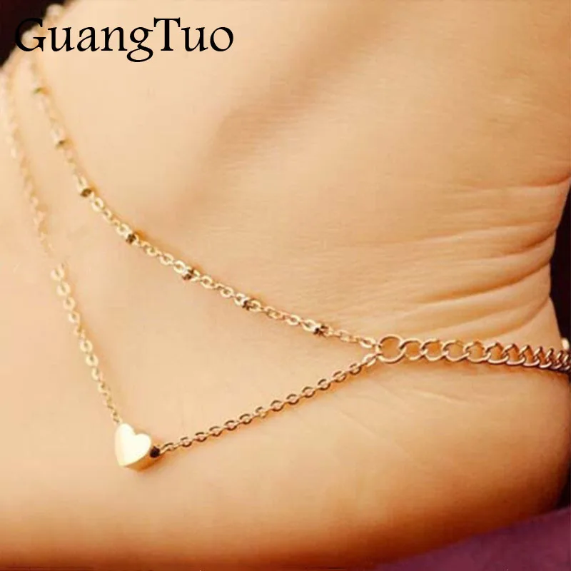 L130 New Double Layer Heart Anklets Barefoot Sandals Foot Jewelry On Ankle Female Bracelets For Women Leg Chain | Украшения и