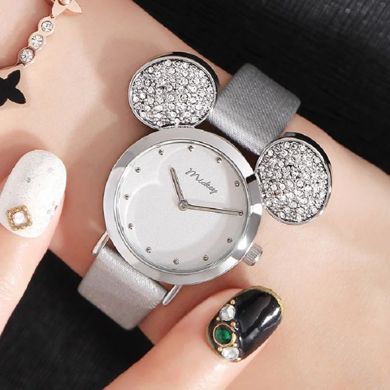 New Disney Watch Women Cute Mickey Mouse Gold Girls Watches Fashion Casual Rhinestone Waterproof Leather Luxury Hot