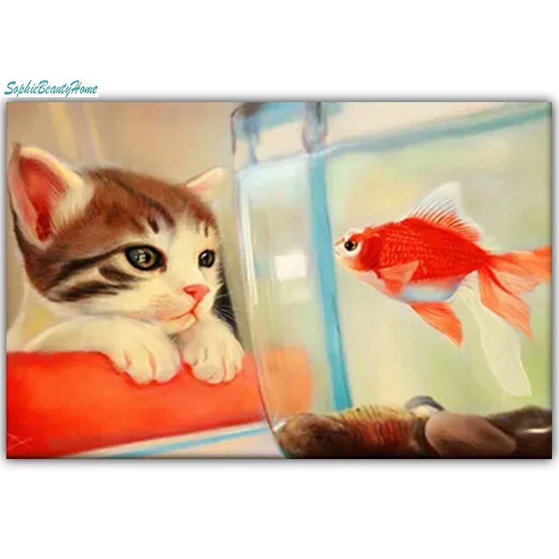 Софи Красота дома 5D DIY рисунок Кот в бриллиантах для & Золотая рыбка 3D мозаика